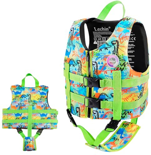 Lechin Schwimmweste Kinder für 30~35 kg (6~9 Jahre) - Schwimmhilfe aus Neopren und EPE Hilfsweste zum Schwimmenlernen - Grünes Dinosaurier-Graffiti