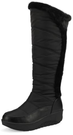 TNMIUH Botas de Invierno para Mujer con Forro de Piel Sintética, Impermeable, Caña Alta, Suela Antideslizante, Plataforma Cómoda, Negro Botas de Nieve Largas,Negro,43.5 EU
