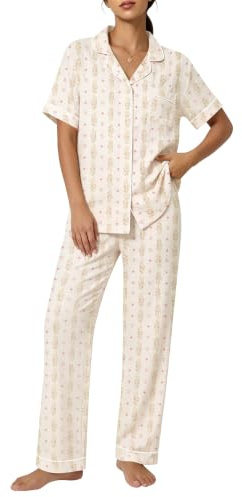 SWOMOG 100% Cotton Women Pyjama Set Short Sleeve Pj Sets 2PCS Cute Print Sleepwear Button Down Shirt with Long Pants Yellow Floral Stripes Medium