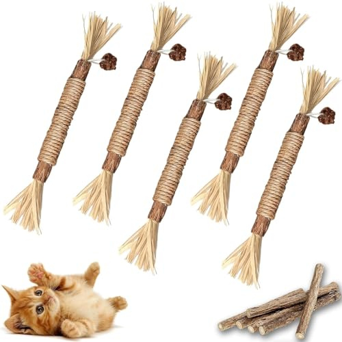 Newlemo 5 Pack Silvervine Chew Sticks, Natural Cat Chew Toy for Indoor Cats, Catnip Sticks for Teeth Cleaning, Kitten Teething & Boredom Relief