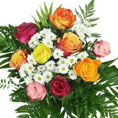 Bunter Blumenstrauß mit neun Rosen und weißen Santinis # Blumensträuße versenden mit Grußkarte