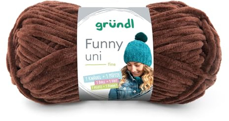 Gründl Wolle Funny uni - dicke weiche Chenille Wolle zum Häkeln - Häkelwolle - Strickwolle - Kuschelig und hautfreundlich - 100% Polyester - 1 Knäuel 100 g / 120 m - Nadelstärke 5-6 - Braun