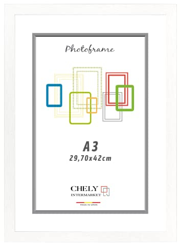 CHELY INTERMARKET | Marco de Fotos MOD-254 Hecho de Madera, Ancho de moldura 2cm con Acabado minimalista. Cuadro ideal para enmarcar títulos y certificados (Blanco, A3)