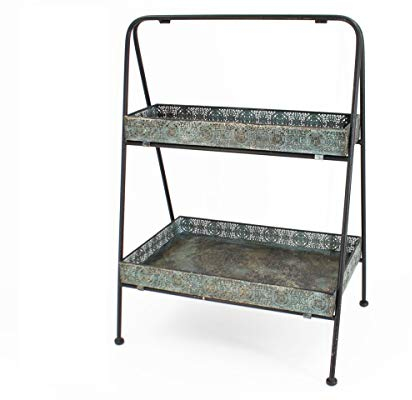 Blumen Etagere aus Metall petrol-kupfer Antik Look mit Ornamenten mit 2 Platten 48x34x67cm
