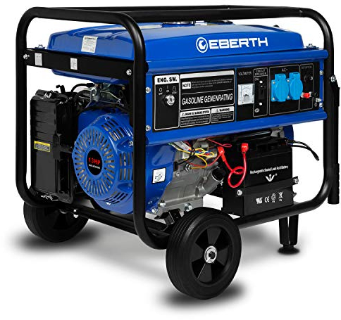 EBERTH 5500 Watt Notstromaggregat Stromerzeuger Stromaggregat mit Fahrwerk, E-Start, 13 PS Benzinmotor, 4-Takt, 1-Phase, 2x 230V, 1x 12V, automatischer Voltregler AVR, Ölmangelsicherung, Tankanzeige