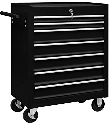 vidaXL Workshop Tool Trolley – 7 Drawer Steel Storage Cart with Integrated Lock and Swivel Castors – Black