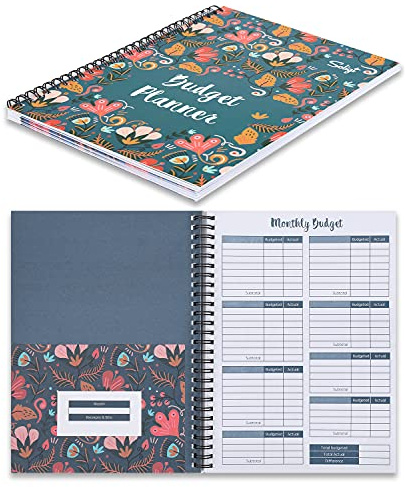 Soligt Budget Planner Monthly Budget Book Bill Organizer with 12 Pockets, Undated Home Financial Money Expense Saving Debt Tracker Notebook, 1 Year, Blue Floral, Spiral Design
