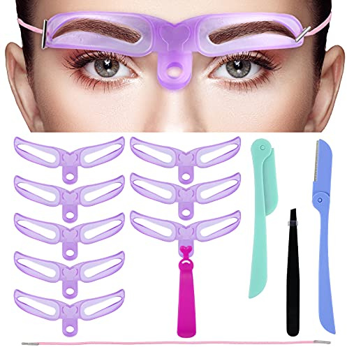 Honoson 8 Pieces Eyebrow Stencil 8 Styles Eyebrow Template Reusable DIY Grooming Shaping Kit Washable Brow Template with Handle Stainless Steel Tweezers and Foldable Razor (Chic Style)