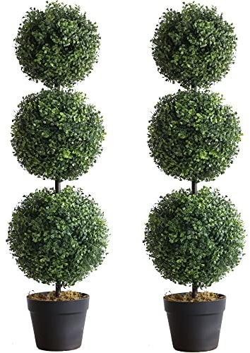momoplant (2 Pack Artificial Topiary Ball Tree -Triple Ball Boxwood- 37Inchs Triple Ball Boxwood Indoor/Outdoor Topiaries Trees - Artificial Outdoor Plants Cypress Plant