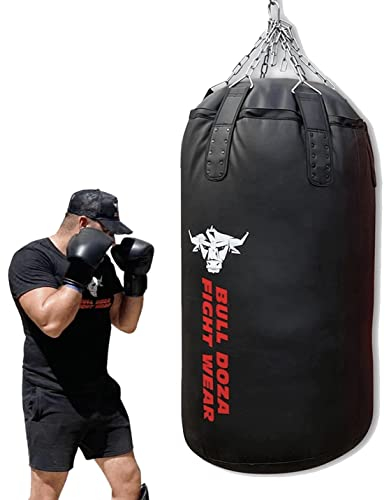 BULL DOZA FIGHT WEAR Riesiger, strapazierfähiger selbstbefüllbarer Boxsack – mit hängenden Ketten, Wirbel, Karabiner – für MMA, Kickboxen, Muay Thai, Kampfsport (Schwarz, XXL Jumbo Tank 4FT)