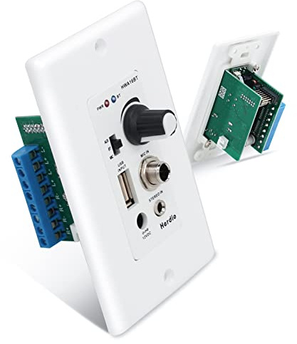 Herdio Bluetooth Wall Amplifier 4 Channels Volume Control Wall Plate USB/MIC/AUX(3.5mm) Inputs Connect 4 Speakers with 12V 3A Power Supply,HWA-16BT-4CH