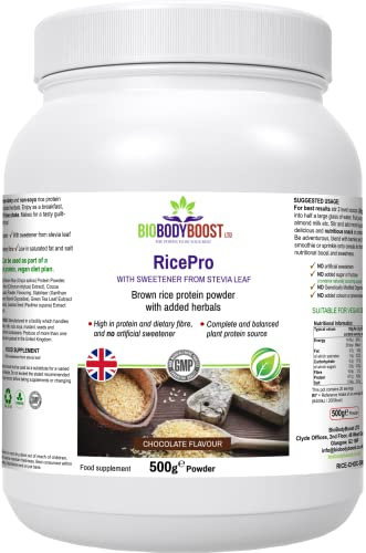 RicePro |Chocolate | Brown Rice Protein Powder with Added Herbals | Chicory Root Extract, Guarana Seed Extract | 16.9g Protein per Serving | 500g Vegan Powder