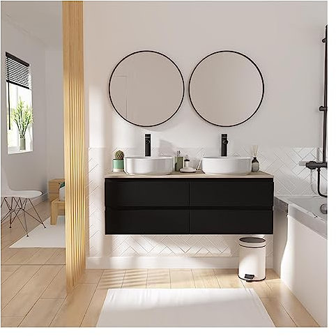 MOB-IN - Juego de mueble doble lavabo (120 cm, lavabo, 2 espejos y 2 grifos Sorrento, color negro