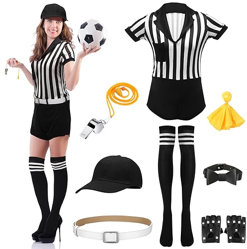 Tigeen 8-teiliges Damen-Schiedsrichter-Kostüm-Set, Halloween, Schiedsrichter, Jersey, Bodysuit, Jumpsuits mit Gürtel, Hut, Handschuhe, Choker, Pfeife, Socken, Flagge, Schiedsrichter-Trikot für