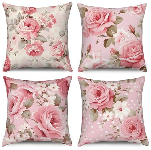 ASDCXZ Blumen Kissenbezug 45x45 cm 4er Set, Vintage Weiß Rose Blumen Blätter Sofa Dekokissen Kissenbezüge Kissenhülle Waschbar Polyester Flachs Textil Outdoor Kopfkissenbezug Kissen Bezug