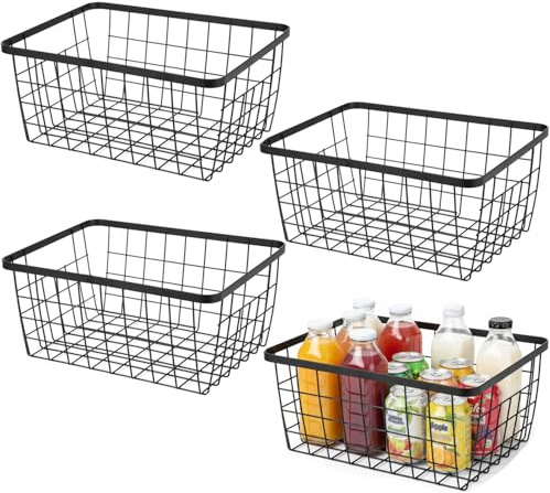 Trådkorgar för kök med handtag matförvaring organisatör, hushållskylskåp för skåp, skafferi, badrum, svart, 4-pack