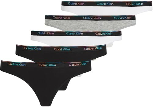 Calvin Klein Damen 5er Pack Strings mit Logo, Mehrfarbig (Black/White/Black/Gry Htr/White), S