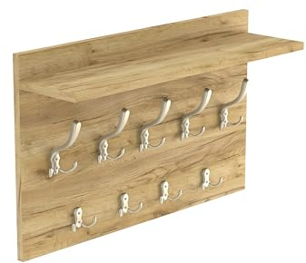 HWS FURNITURE Wandgarderobe mit 9 satin Haken, Wandregal aus Holzdekor Eiche, Wandmontierte Garderobe für Flur, Schlafzimmer, Büro, Loft-Stil