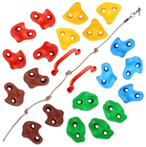 FYRTA 20 Packs Rock Climbing Holds for Kids and Adults, Indoor & Outdoor Rock Wall Climbing Kit, Multi-Colored Climbing Rock Wall Grips with Mounting Hardware, Knotted Rope and 2 Handles