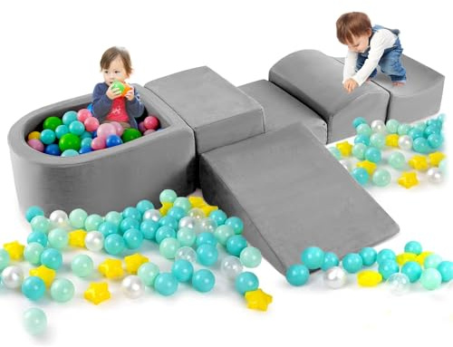 COSTWAY Juego de Escalada y Rampa de 5 Piezas, Bloque de Escalada con Piscina de Pelota Infantil, Funda Lavable a Máquina con Cremallera, Bloques de Construcción Creativos,Sin Pelotas de Mar (Gris)