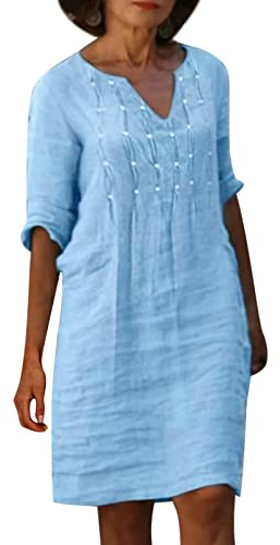 Vestidos de lino para mujer, verano midi, estampado informal, vestido de playa, verano, cuello en V, manga corta, vestido de verano, largo hasta la rodilla, lino, algodón, blusa, bohemio, media manga