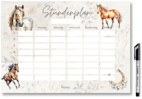 Pferde Stundenplan magnetisch abwischbar für Kühlschrank und Whiteboard, Boho Pony Wochenplaner Mädchen Geschenk zur Einschulung (Magnetischer Stundenplan inkl. Stift)