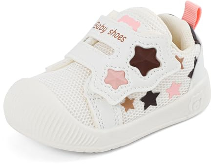 LACOFIA Scarpine Primi Passi Bambina Scarpe Ginnastica Neonato Sneakers Bimbo con Suola Gomma Antiscivolo Bianco 17 EU(Etichetta 15)