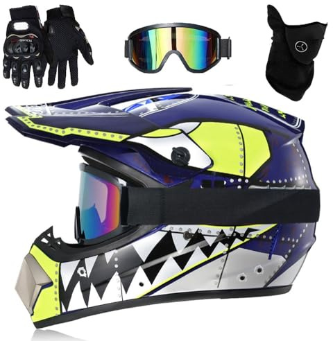 Casco da Motocross Per Ragazzi, Casco da Moto Per Bambini, MX Quad ATV, Casco Integrale da Adulto Per Moto Fuoristrada, con Occhiali, Maschera E Guanti(Blue teeth,L(56-57cm))