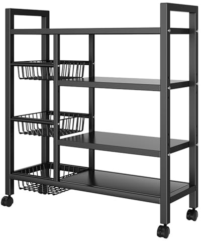 SANON 4-Shelf Storage Unit, Storage Shelves Rack Metal Shelving Units Coffee Bar Bakers Rack Steel Frame Kitchen Shelves on Wheels Pantry Shelves, Black, 80x32x108cm