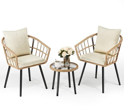 Pamapic Set bistrot in rattan, 3 pezzi, con 2 sedie e tavolino in vetro, set di mobili da patio, per cortile, portico e giardino
