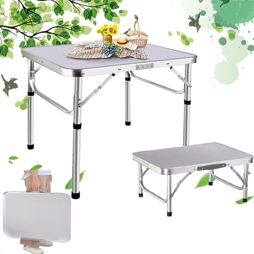 Table Latérale Pliante 60x45cm, Bout de Canapé Ajustable 26/56cm, Table Camping Aluminium Blanche Design, Plateau MDF Étanche, Support Ordinateur Pliable Portable pour Jardin Salon et Petit Espace