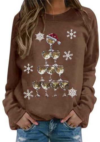 Generisch Camicetta natalizia da donna, divertente maglione natalizio con bicchiere di vino rosso, motivo natalizio senza cappuccio, felpa girocollo a maniche lunghe, maglione natalizio oversize, O