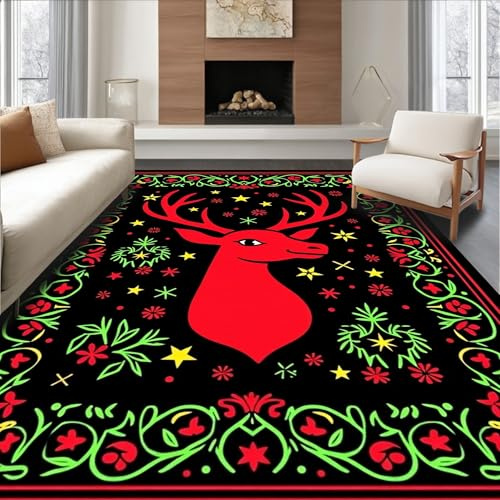 ODIKA Flatwoven High Traffic Area Rug 8x10, Jolly Reindeer Motif Punch Needle with Holiday Accents, Non Slip, Stain Resistant, Washable Area Rugs for Living Room, Bedroom (Red, 8x10, Pad)
