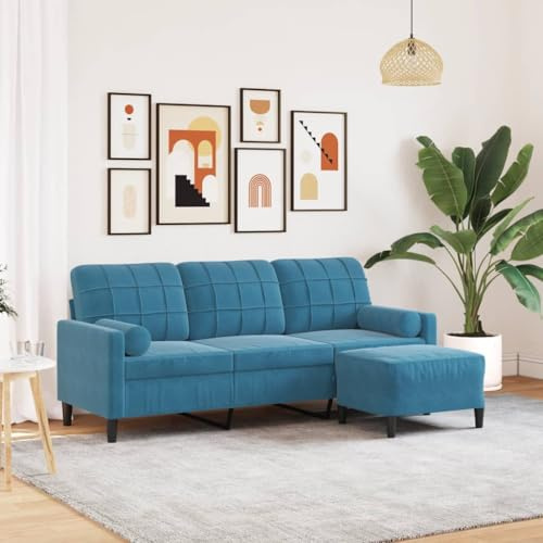 Frdhee Sofá de suelo, sofá lounge, sofás, sofás de 3 plazas con taburete azul, 180 cm, terciopelo, sofás para salón, dormitorio, habitación juvenil, fácil montaje