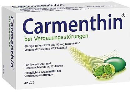 Carmenthin bei Verdauungsstörungen | 42 Weichkapseln | pflanzliches Arzneimittel bei Blähungen, Blähbauch, Völlegefühl & Schmerzen | mit Pfefferminzöl & Kümmelöl | beruhigt den Magen-Darm-Trakt
