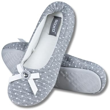 soxo Ballerina Ladies Slippers Women Ballet House Shoes Cute Moccasin Pumps Summer Sliders 5.5-6.5 Grey With Diamond