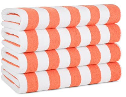 Arkwright LLC California Cabana Striped Oversized Beach Towel | Set of Four Extra Large 30 x 70 | 100% Ringspun Cotton Double Yarn Strength | Perfect Pool Towel, Beach Towel, Bath Towel (Coral)