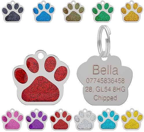 Personalised Engraved Pet Tag for Pets | Vibrant Paw Print Shape Glitter Stainless Steel ID Tags for Dog & Cat | Anti-Lost for Puppy, Kitten Etc | 27mm Wide (Red)