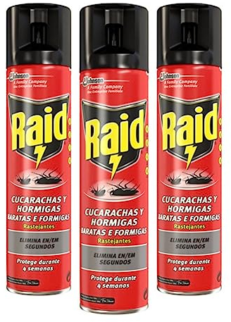 Raid Spray Insecticida - Aerosol para Cucarachas, Hormigas y Chinches, Protege durante 4 semanas, Acción fulminante, en apenas segundos, Pack de 3 Unidades x 400 ml