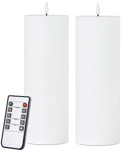 volnyus White Flameless Candles Set of 2 (3x9 inch) Flickering LED Wax Candles Battery Operated with Remote Control Timers for Fall Decor/Night Light/Fireplace/Party Dimmable Pillars Flat top