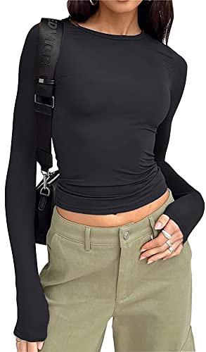 Women's Slim Fit Crop Tops Casual Solid Color Crew Neck Long Sleeve Tight T-Shirt Basic Blouse Tee Tops (Black, M)