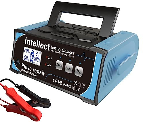 BAUSATZ 12V/24V Car Battery Charger - Portable Fast Charge for AGM & Lead-acid Batteries (200W, UK Spec)