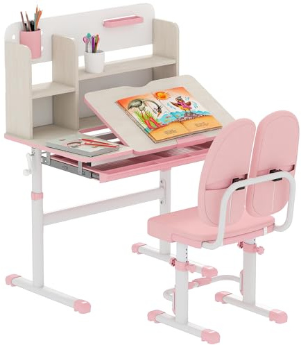 HOMCOM Kids Desk and Chair Set, Height Adjustable Kids Study Table and Chair Set with Storage Shelves, Washable Cover, Anti-Slip Mat and Tilted Desktop, for Ages 3-12 Years - Pink