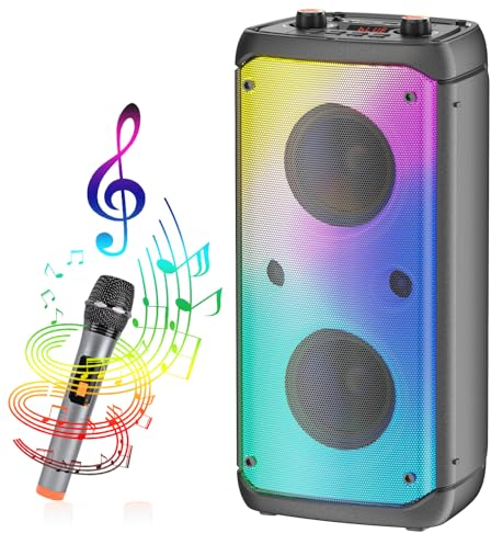 Altavoz Bluetooth, 80W Pico Inalámbrico TWS Altavoces Portátiles Fiestas Al Aire Libre con Subwoofer, Luces LED de Colores, Boombox Fuerte Sonido Estéreo con Micrófono Para el Hogar, Camping, Viajes