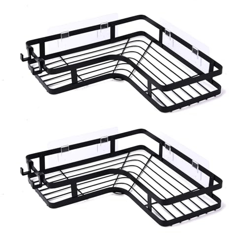 2er Set Duschablagen Ohne Bohren | Eck Duschregal Eckablage mit 4 Haken | Selbstklebend Badezimmer Organizer | Eckregal Duschkörbe für Shampoo, Duschgel | Regal für Bad, Dusche und Küche