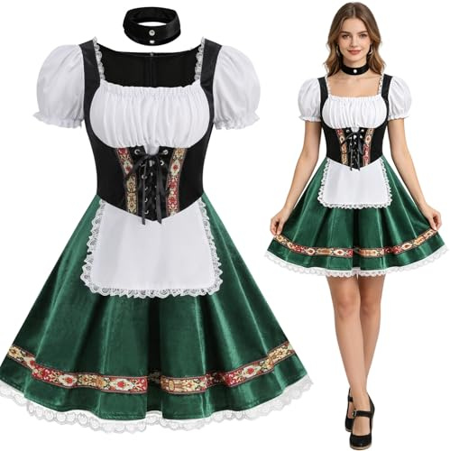 HAPNBCELE Oktoberfest Costume for Womens, German Dirndl Dress Puff-Sleeves Traditional Bavarian Carnival Halloween Outfits (Green, X-Large)
