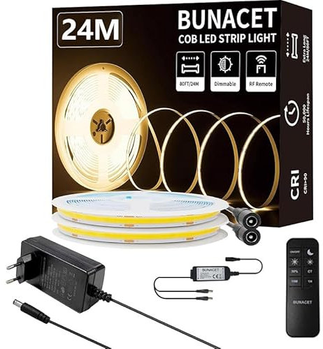 BUNACET COB Striscia LED Bianco Caldo 24M 24V Dimmerabile 3000K, 324 LEDs/M, Alta Luminosità, CRI90+, con Alimentatore GS, Telecomando RF, Luci LED Tagliabile per Casa Camera Cucina Decorazioni