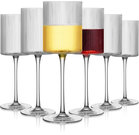 LUXULISH Ribbed Square Glass Wine Glasses Set of 6, Vintage 13Oz White Red Wine Glass, Hand Blown Crystal Wine Glasses - Gifts for Women, Men, Wedding, Anniversary, Christmas, Birthday
