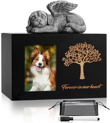 Vehipa Urne pour Chien Animaux en Bois avec Ange pour Chien et Sac à Cendres, Urne Chien Animaux de Compagnie avec Cadre Photo, Boîte Commémorative pour Cendres Chien et Chat,Noir 18x12x12cm