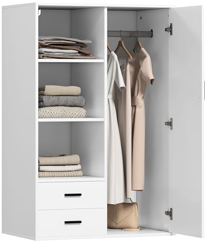 HOMCOM Armadio Guardaroba Moderno con 2 Cassetti, Ripiani Aperti Regolabili e Vano Appendiabiti, Guardaroba per Camera da Letto e Ingresso, 80x50x124 cm, Bianco